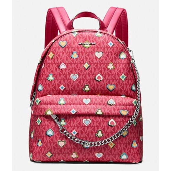 New Michael Kors Slater Medium Printed Signature Logo Backpack Dark Raspberry - Picture 1 of 6